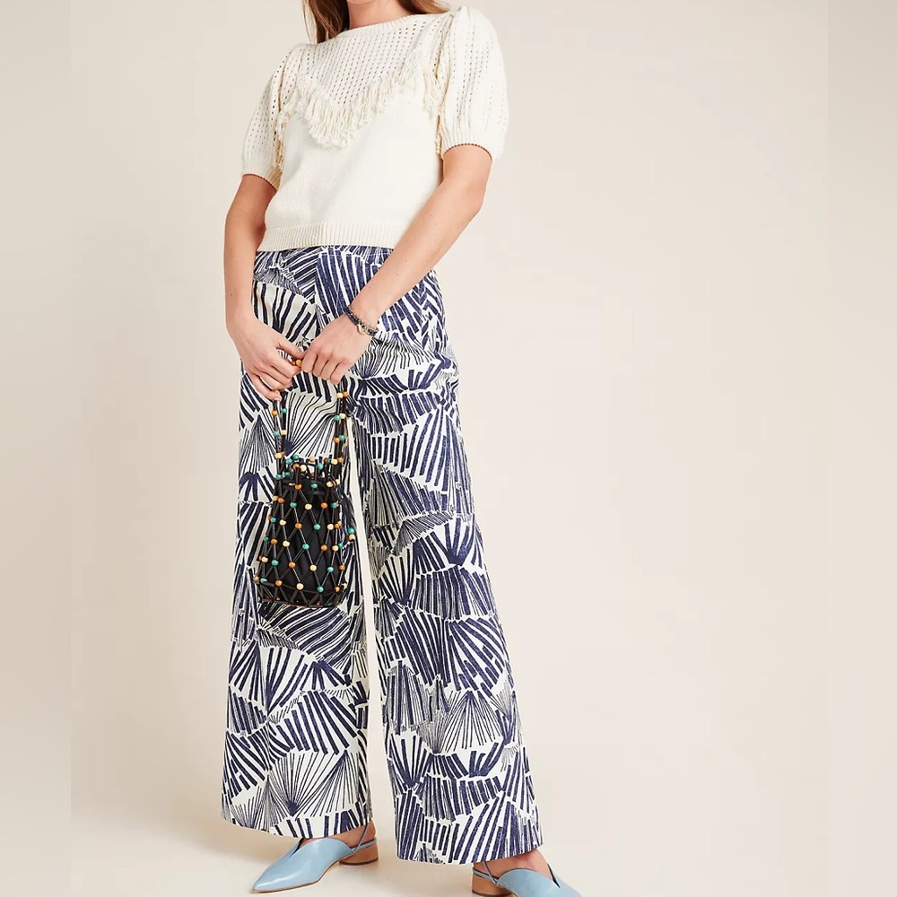 Anthropologie Blue and White Wide Leg Pants
